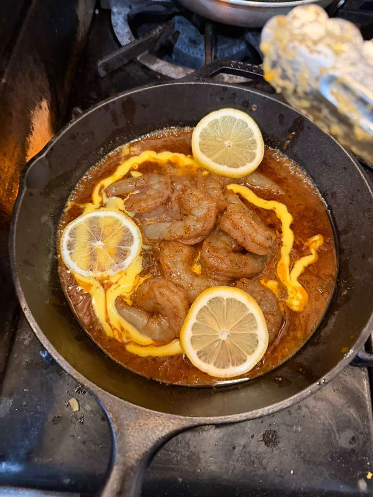 Cooking BBQ Shrimp in Skillet at Bourbon Street Sweet & Savory, Asian Fusion Restaurant in Yucaipa
